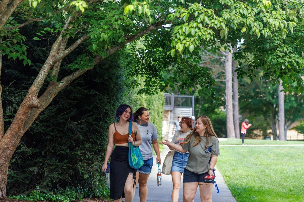 students walking and chatting along the quad